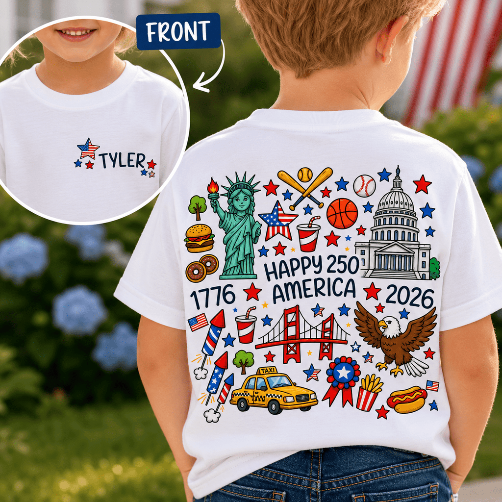 Custom Name 4th of July Toddler Shirt | Personalized USA Icons Tee for Boys and Girls, Sizes 2T–6T custom personalized gift - AURIA CUSTOM PRINTS