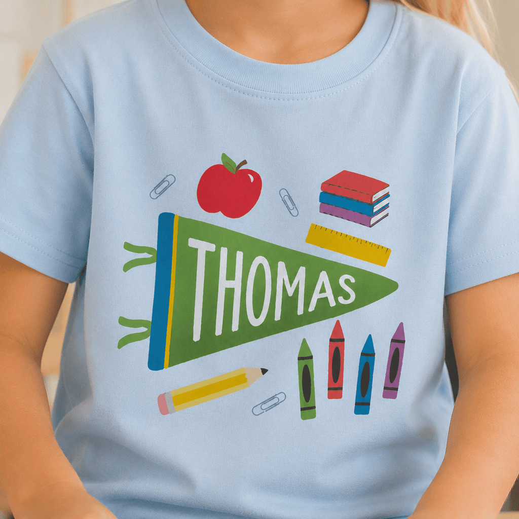 Custom Name Back to School Shirt – Personalized Pennant Kids Tee, Sizes XS-XL custom personalized gift - AURIA CUSTOM PRINTS