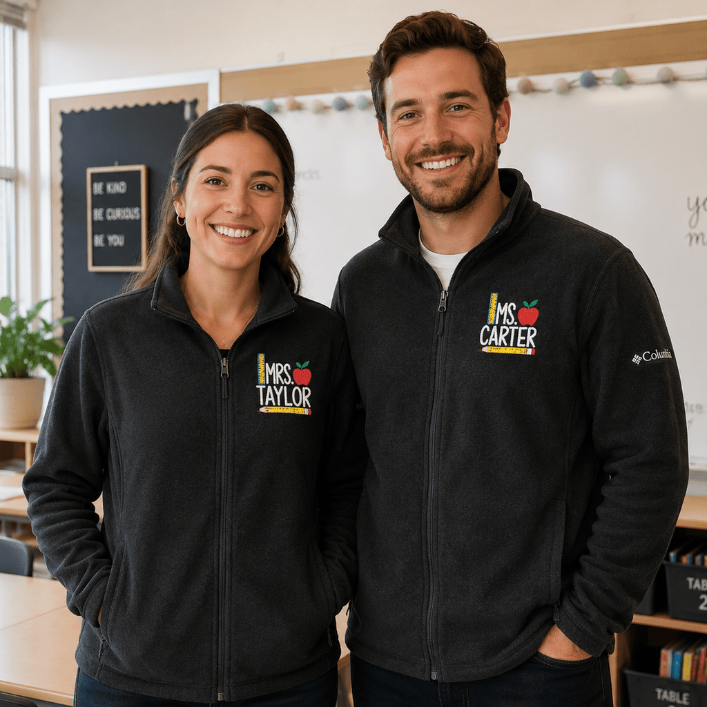 Custom Name Embroidered Fleece Jacket for Teachers – Personalized Columbia Fleece, Apple Design custom personalized gift - AURIA CUSTOM PRINTS