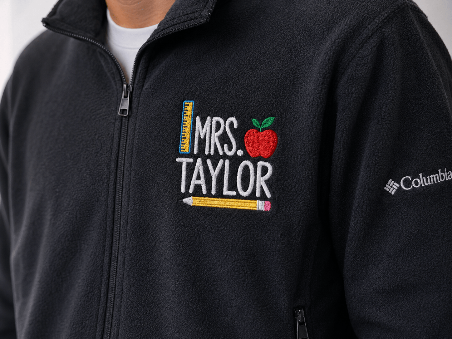 Custom Name Embroidered Fleece Jacket for Teachers – Personalized Columbia Fleece, Apple Design custom personalized gift - AURIA CUSTOM PRINTS