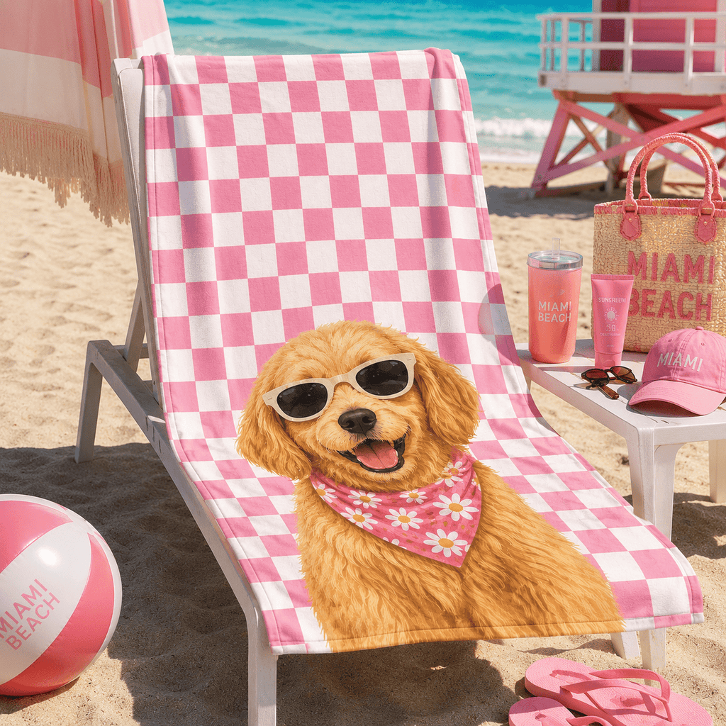 Custom Pet Beach Towel | Personalized Dog Cat Illustration Checkered Towel | Pet Lover Gift custom personalized gift - AURIA CUSTOM PRINTS