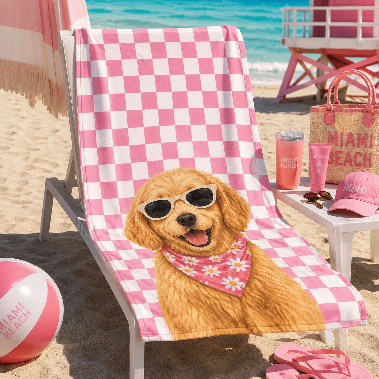 Custom Pet Beach Towel | Personalized Dog Cat Illustration Checkered Towel | Pet Lover Gift custom personalized gift - AURIA CUSTOM PRINTS