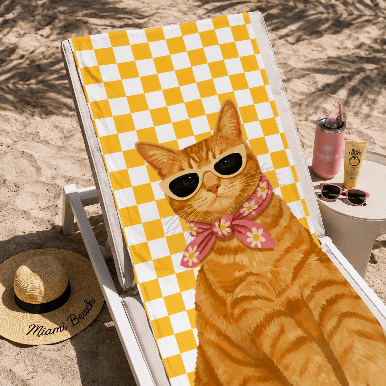 Custom Pet Beach Towel | Personalized Dog Cat Illustration Checkered Towel | Pet Lover Gift custom personalized gift - AURIA CUSTOM PRINTS