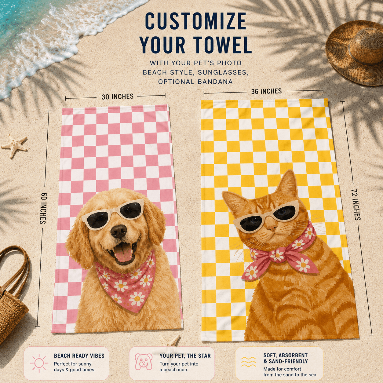 Custom Pet Beach Towel | Personalized Dog Cat Illustration Checkered Towel | Pet Lover Gift custom personalized gift - AURIA CUSTOM PRINTS