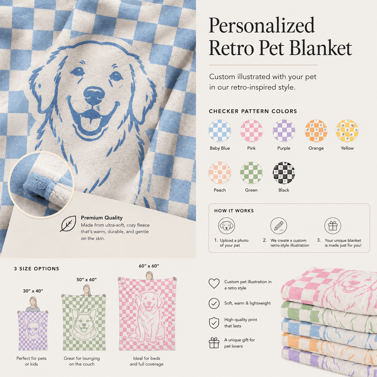 Custom Pet Blanket | Personalized Retro Checkered Dog Cat Throw | Pet Lover Gift custom personalized gift - AURIA CUSTOM PRINTS