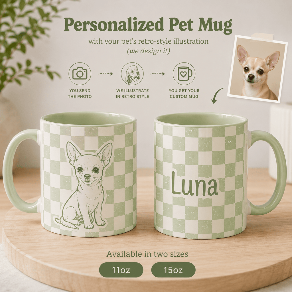 Custom Pet Checkered Mug | Personalized Dog Cat Retro Illustration Name Coffee Cup | 11oz 15oz custom personalized gift - AURIA CUSTOM PRINTS