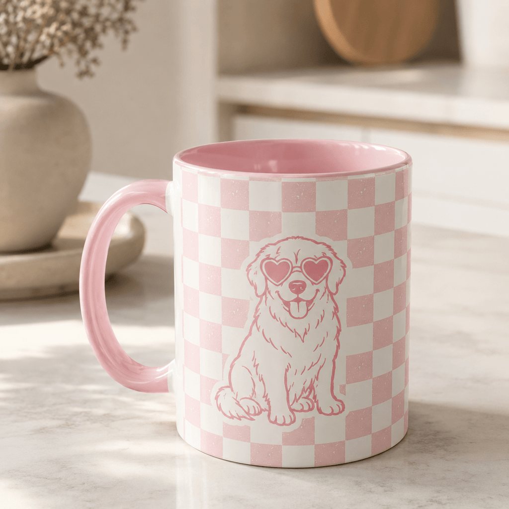 Custom Pet Checkered Mug | Personalized Dog Cat Retro Illustration Name Coffee Cup | 11oz 15oz custom personalized gift - AURIA CUSTOM PRINTS