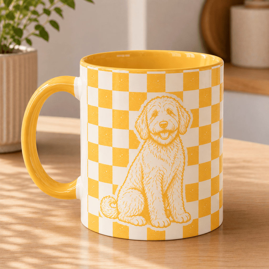 Custom Pet Checkered Mug | Personalized Dog Cat Retro Illustration Name Coffee Cup | 11oz 15oz custom personalized gift - AURIA CUSTOM PRINTS