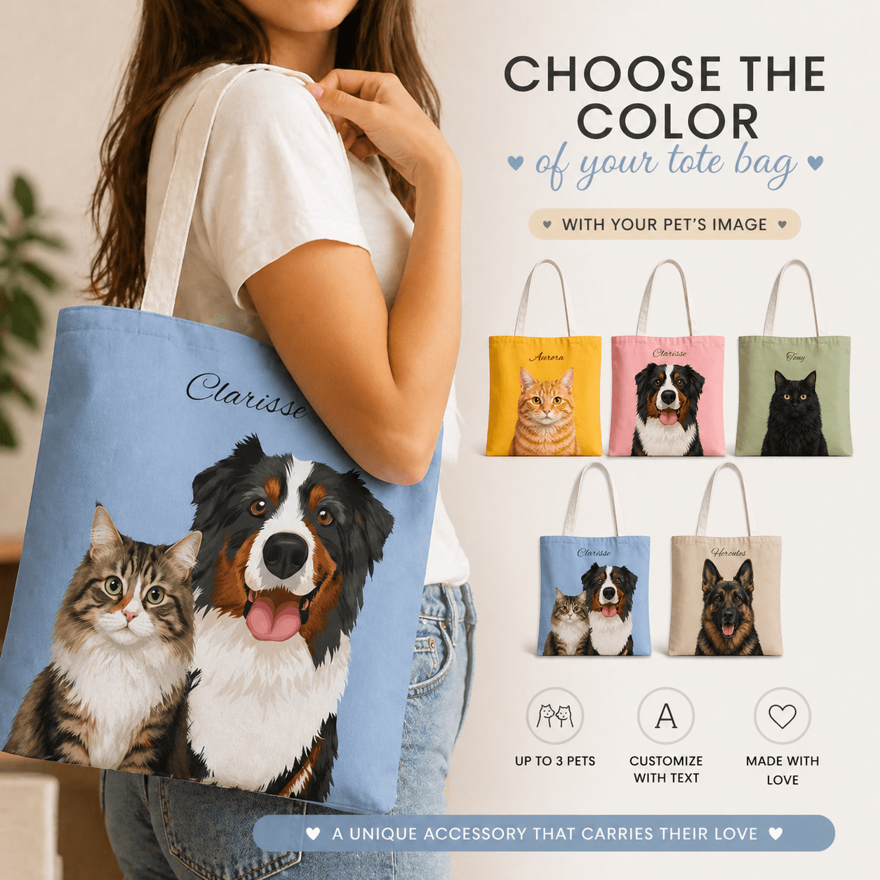 Custom Pet Tote Bag | Personalized Pet Illustration Canvas Tote custom personalized gift - AURIA CUSTOM PRINTS