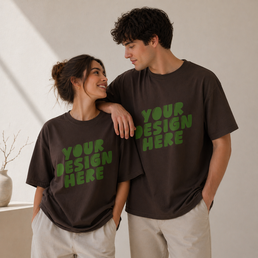 Two people wearing brown t-shirts with 'Your Design Here' text in green.