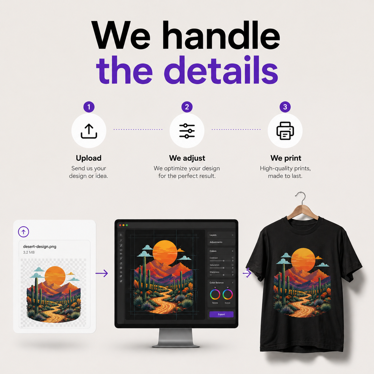 Process of designing and printing a t-shirt with a scenic graphic on a computer screen.