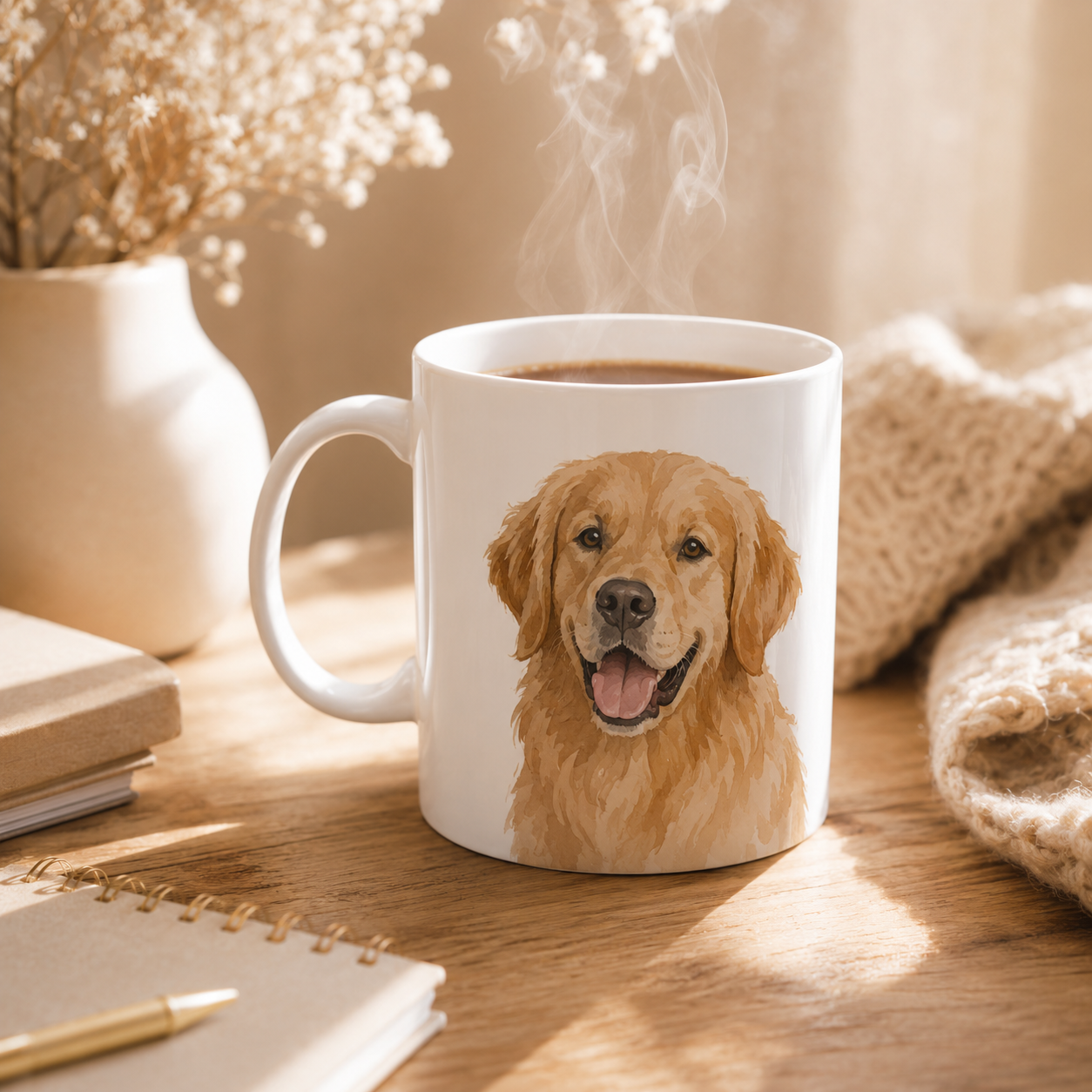 White mug with a golden retriever design on a wooden table with a steaming cup of coffee.