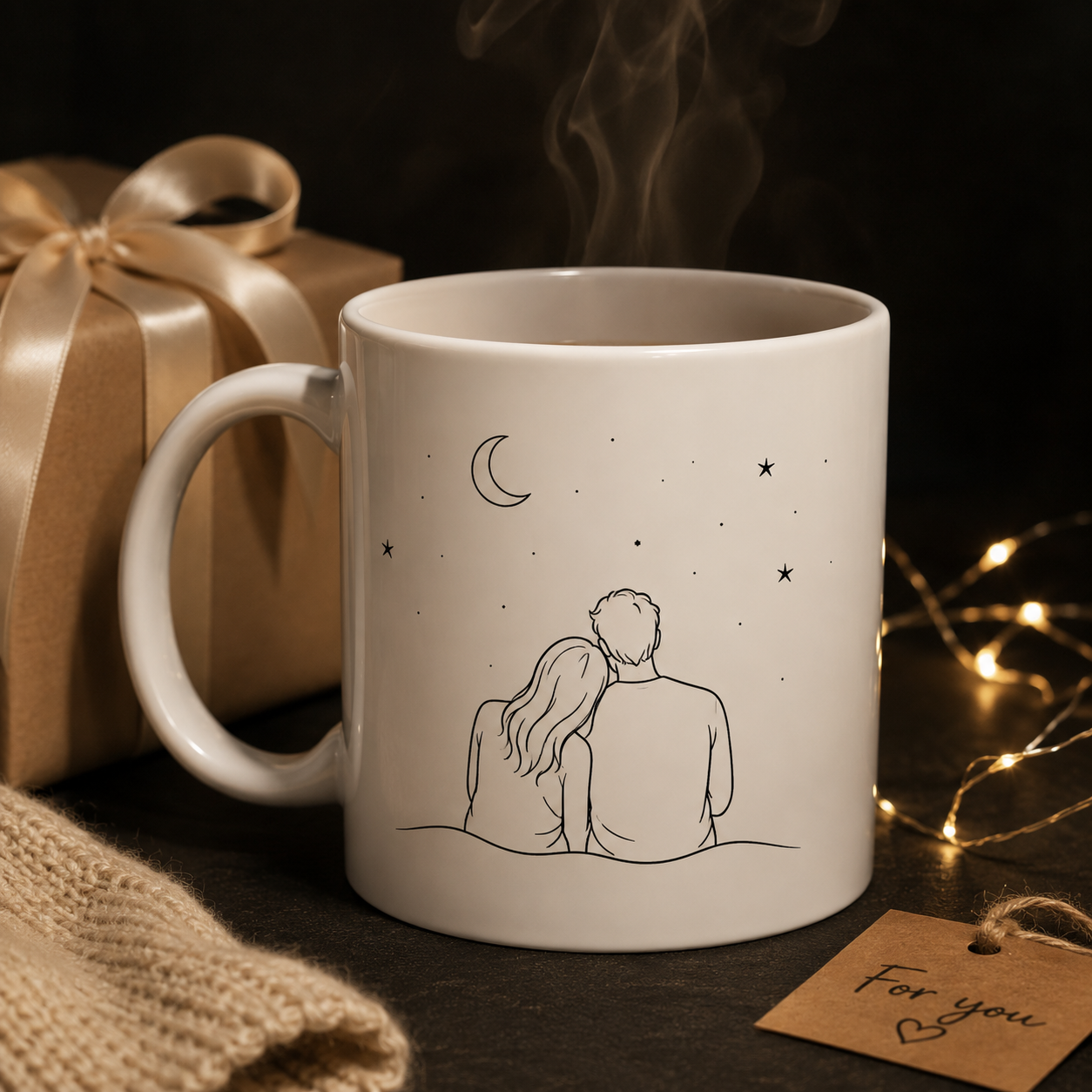 White mug with a couple illustration, steaming hot beverage, and gift box on a dark background