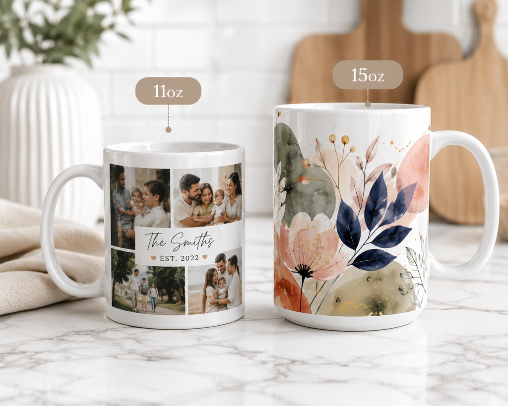 Two mugs, one with a photo collage and the other with floral design, on a marble surface.