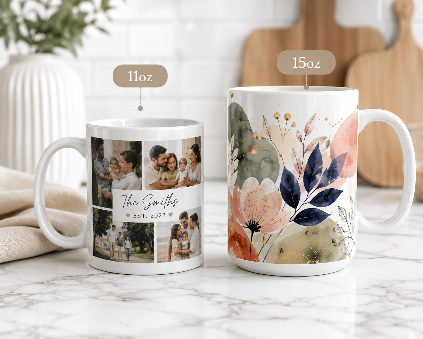 Two mugs, one with a photo collage and the other with floral design, on a marble surface.