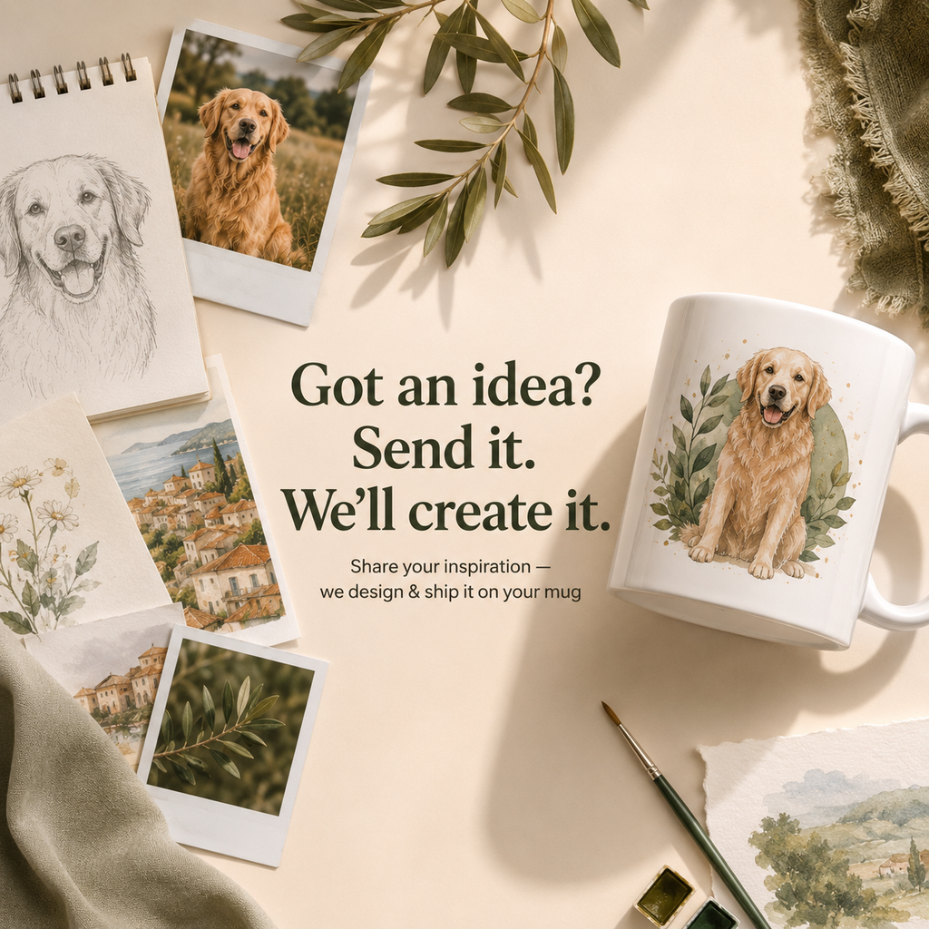 Mug with a dog illustration surrounded by photos and text on a light background