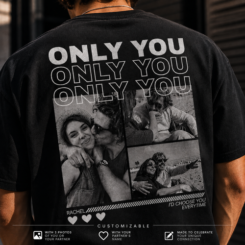 Black t-shirt with a collage of photos and text on the back, worn by a person.