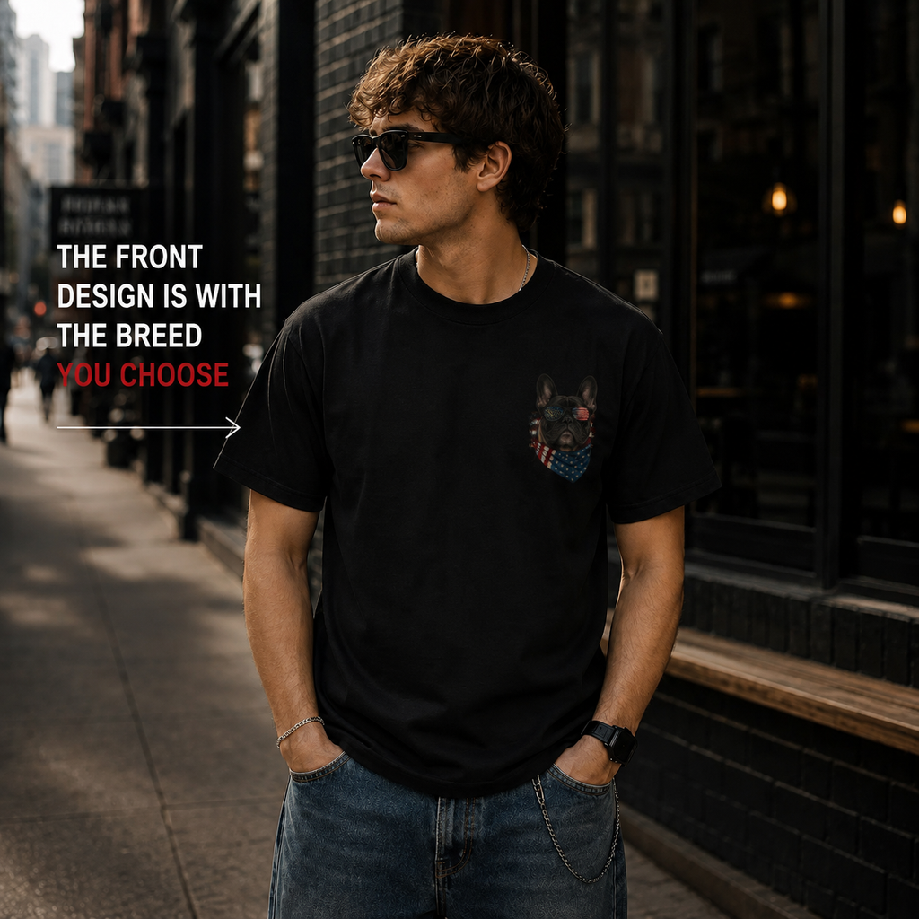 Man wearing a black t-shirt with a front design on a city street.