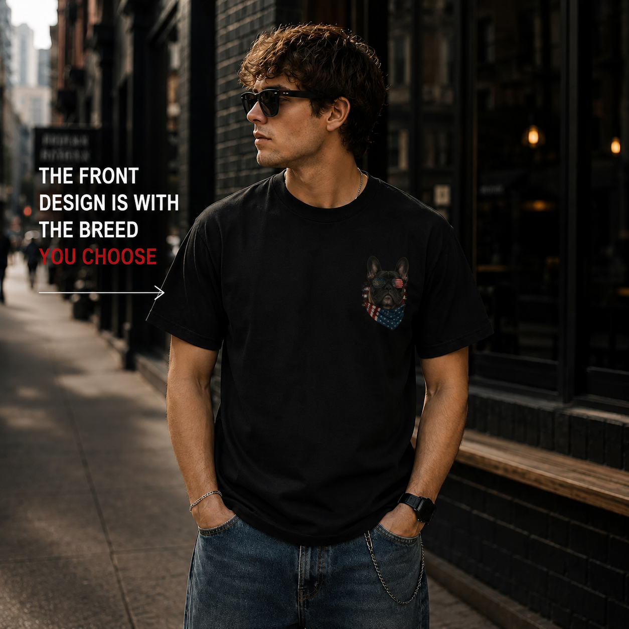 Man wearing a black t-shirt with a front design on a city street.
