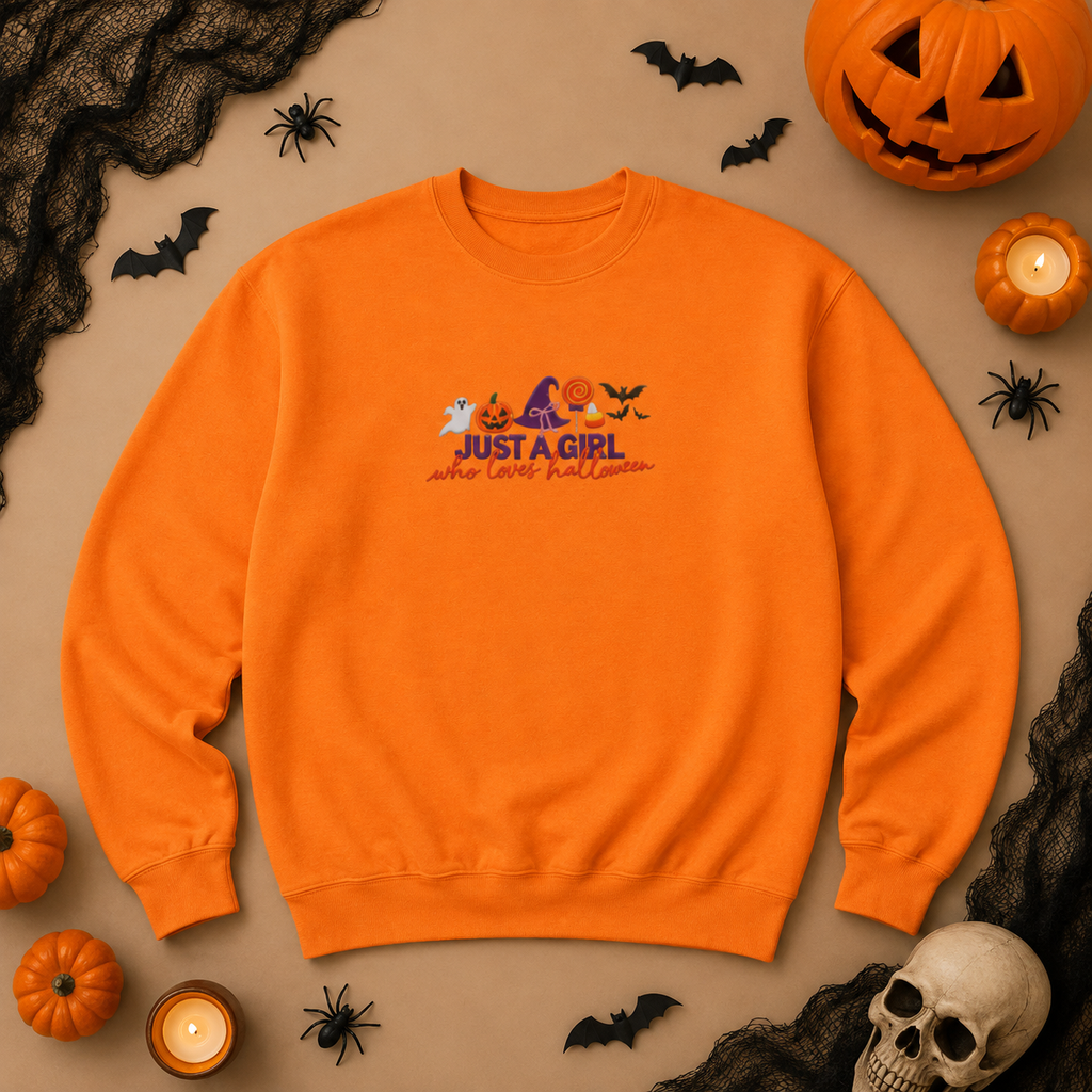 Just a Girl Who Loves Halloween Crewneck, Pumpkin & Bat Sweatshirt