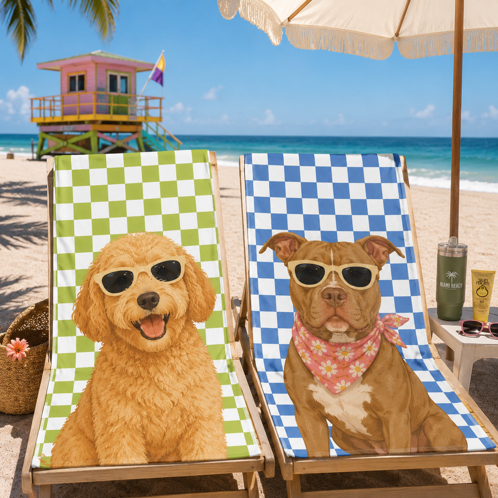 Custom Pet Beach Towel | Personalized Dog Cat  Illustration Checkered Towel | Pet Lover Gift