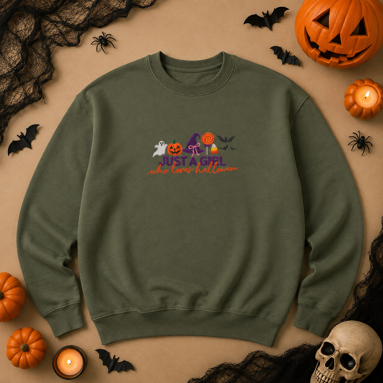 Just a Girl Who Loves Halloween Crewneck, Pumpkin & Bat Sweatshirt