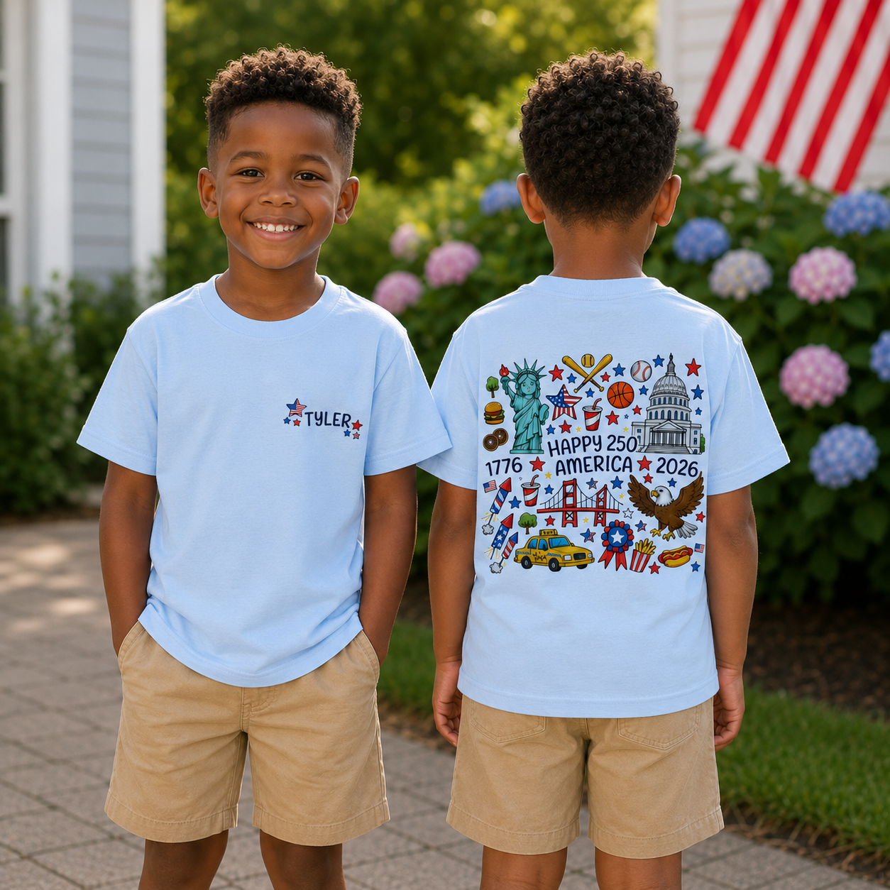 Custom Name 4th of July Toddler Shirt | Personalized USA Icons Tee for Boys and Girls, Sizes 2T–6T