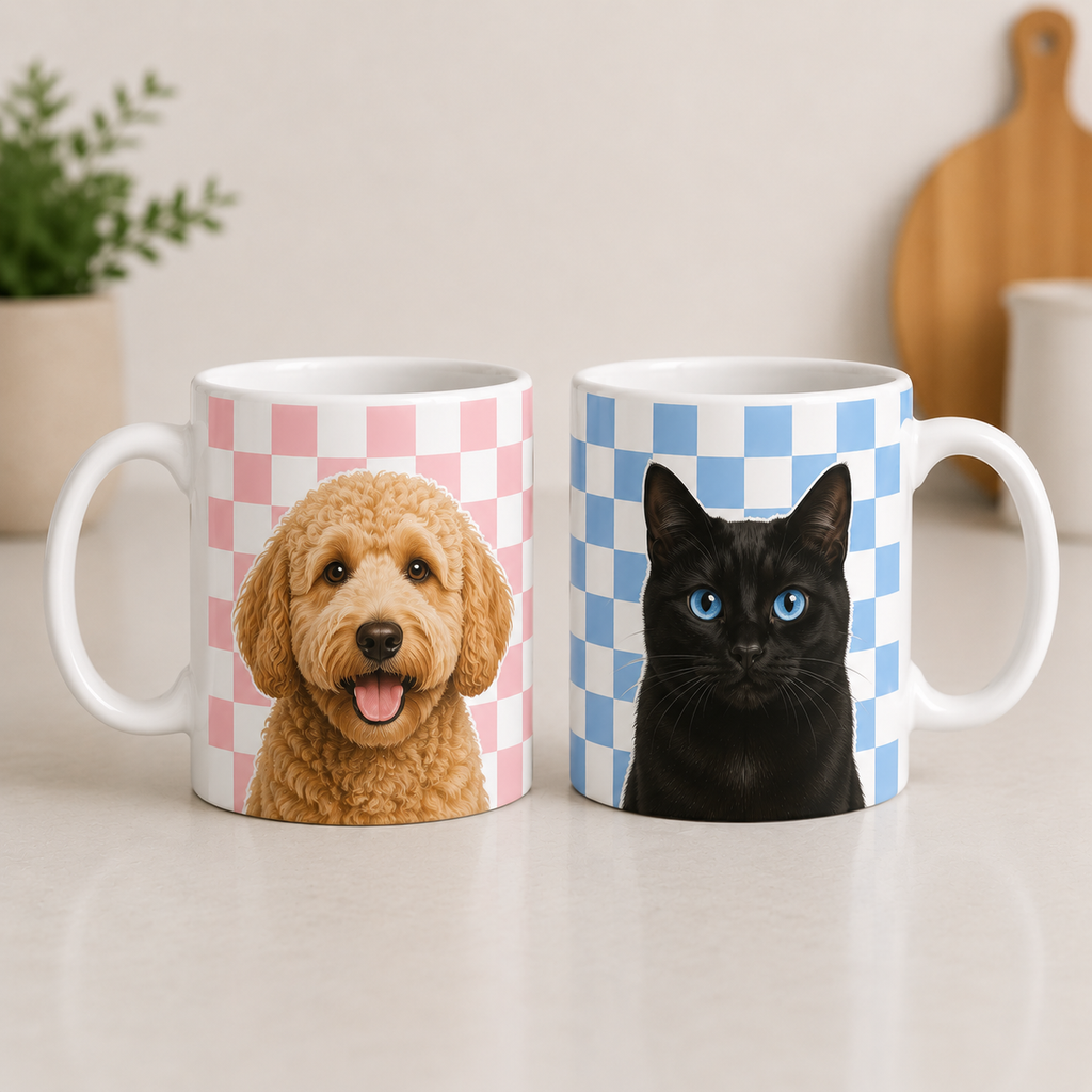 Custom Pet Mom Mug | Personalized Dog Cat  Photo Checkered Cup | Pet Lover Gift 11oz