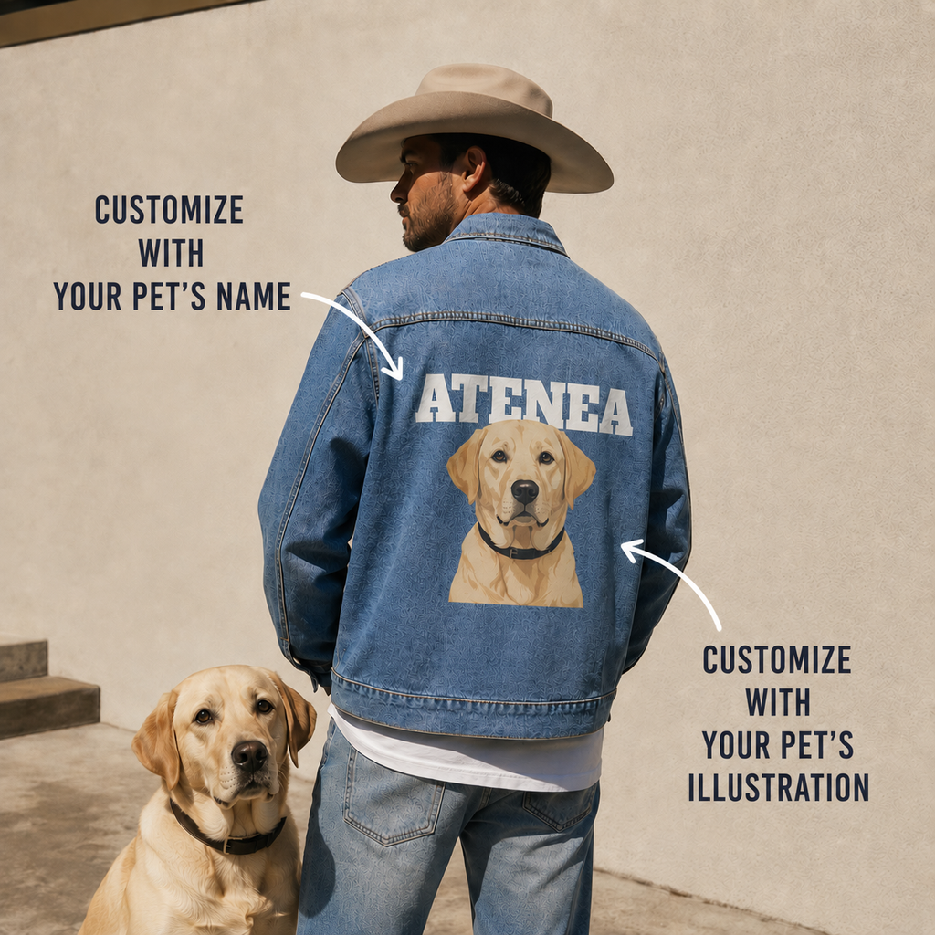 Custom Dog Portrait Denim Jacket for Men | Personalized Pet Photo and Name, Dog Dad Gift