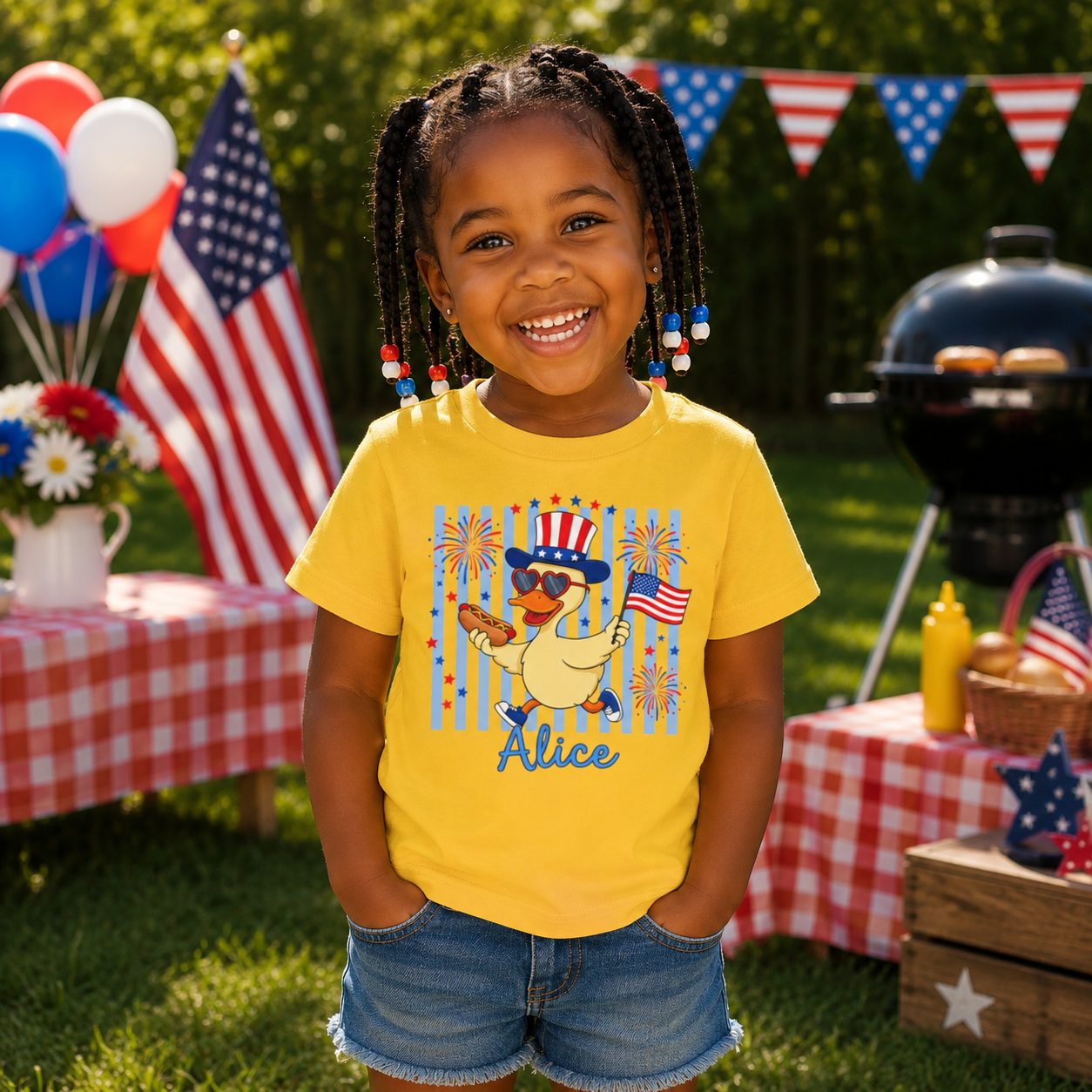 Child wearing a yellow t-shirt with a patriotic design, standing outdoors with American flags and balloons in the background.