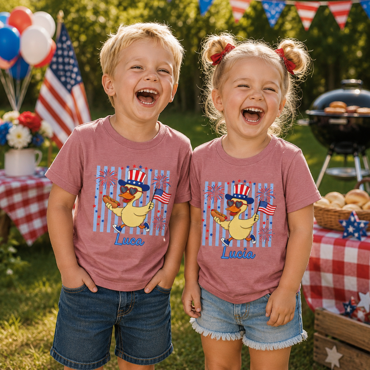 Two children wearing matching t-shirts with a duck design in an outdoor setting with American flags and balloons.