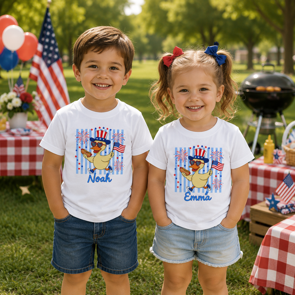 Two children wearing matching t-shirts with a patriotic design in a park setting.