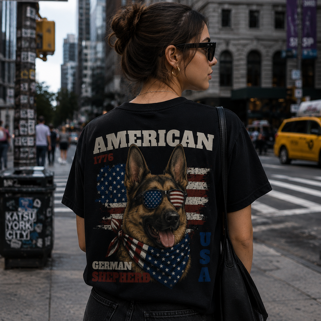 Person wearing a black t-shirt with a graphic design of a German Shepherd and text in an urban setting.