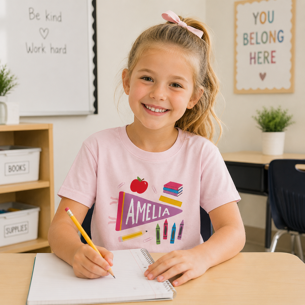A young girl with blonde hair in a pink bow sits at a desk in a classroom, smiling and writing in a notebook. She is wearing a light pink t-shirt with a colorful school-themed graphic that reads 'AMELIA' with an apple, books, and crayons.