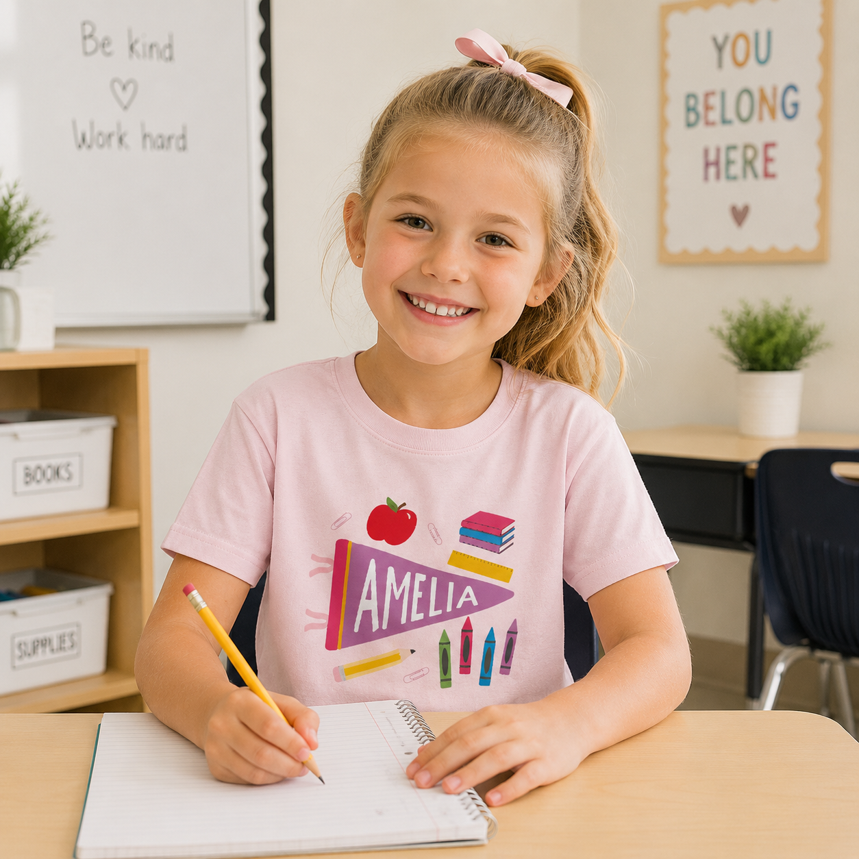 A young girl with blonde hair in a pink bow sits at a desk in a classroom, smiling and writing in a notebook. She is wearing a light pink t-shirt with a colorful school-themed graphic that reads 'AMELIA' with an apple, books, and crayons.