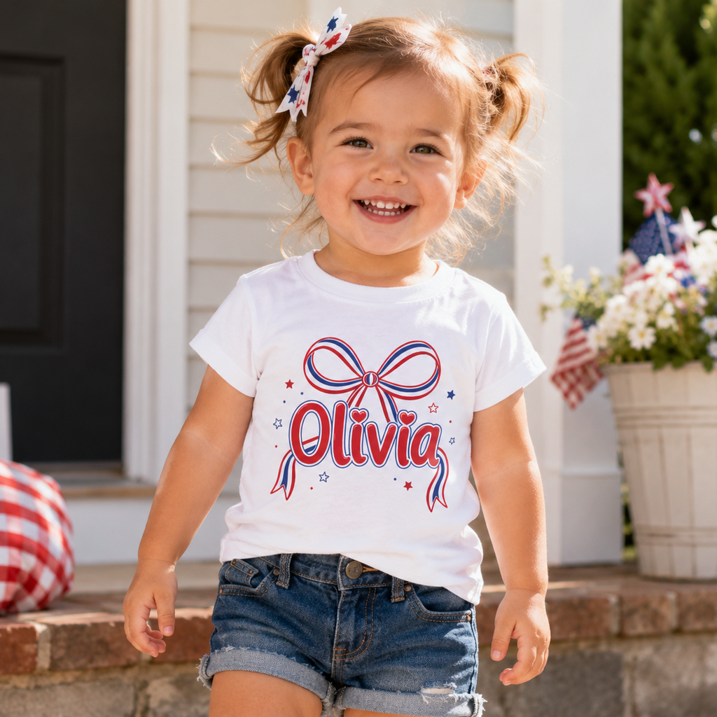 Child wearing a white t-shirt with 'Olivia' printed on it, standing outdoors with American flags and flowers in the background.