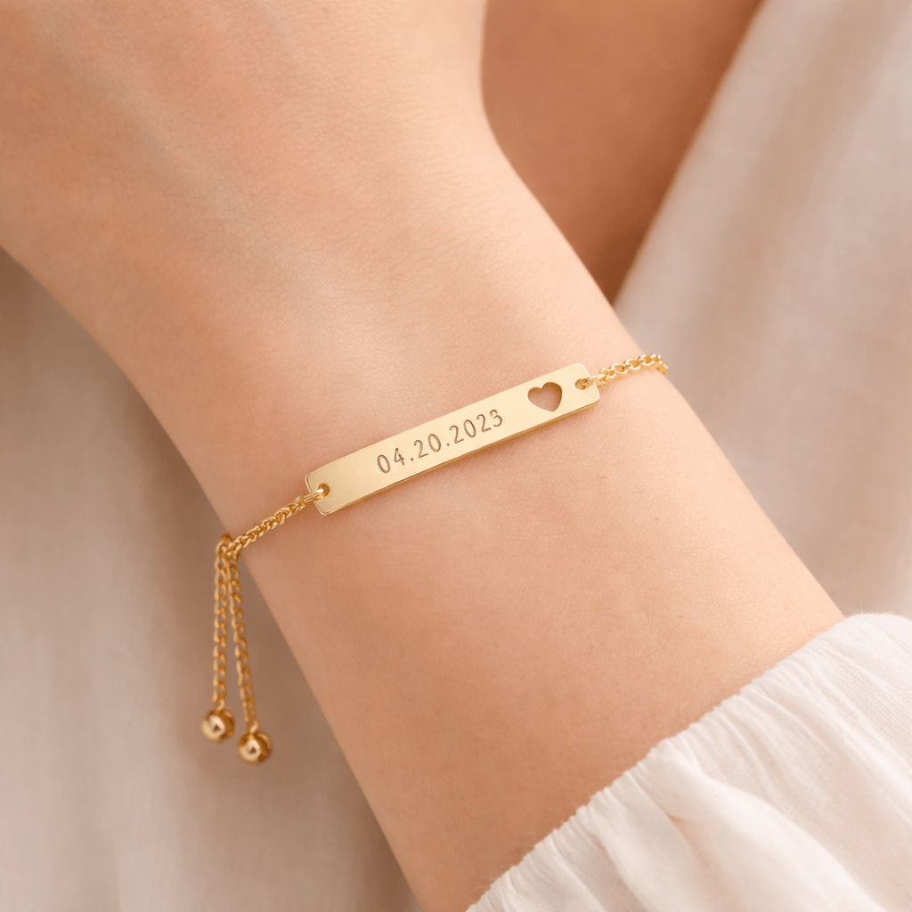 Engravable Heart Cutout Bar Bracelet — Adjustable Personalized ID Bracelet custom personalized gift - AURIA CUSTOM PRINTS