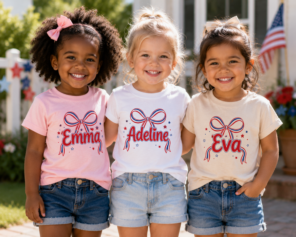 Three young girls wearing matching t-shirts with names and bows, standing outdoors.