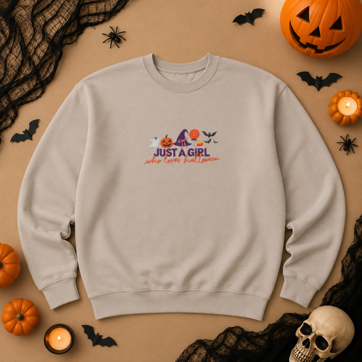 Just a Girl Who Loves Halloween Crewneck, Pumpkin & Bat Sweatshirt