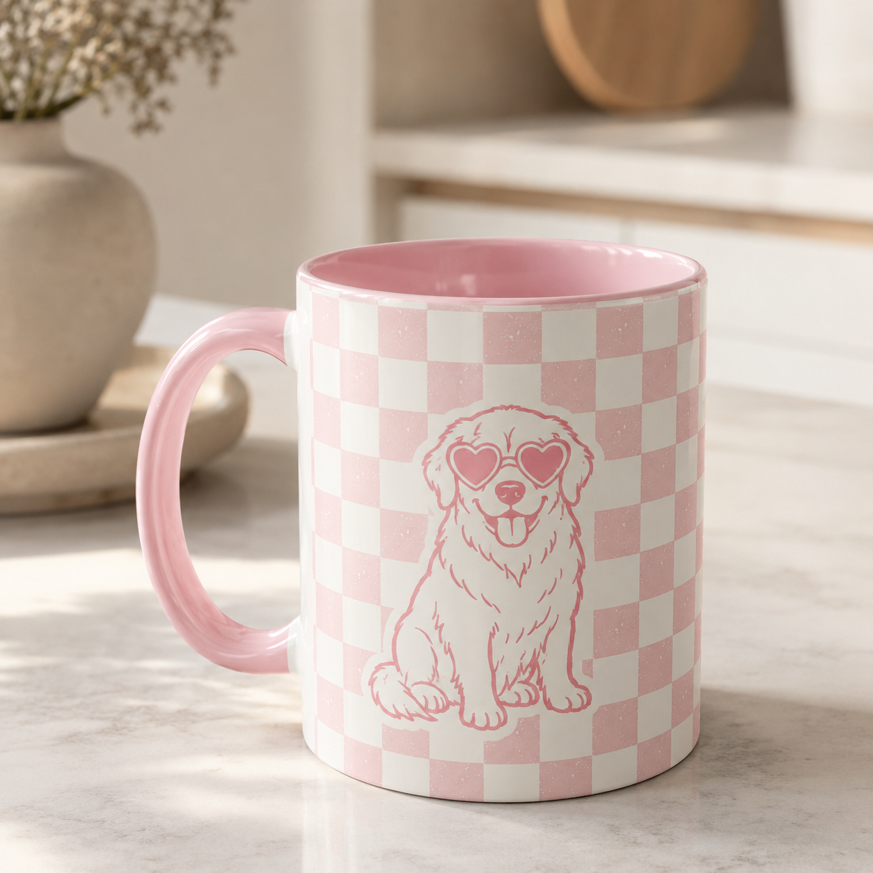 Custom Pet Checkered Mug | Personalized Dog Cat  Retro Illustration Name Coffee Cup | 11oz 15oz