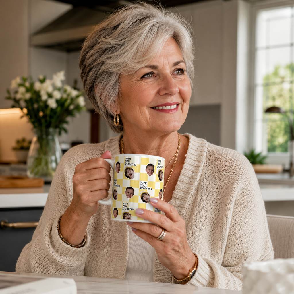 Woman holding a mug with a checkered design in a kitchen