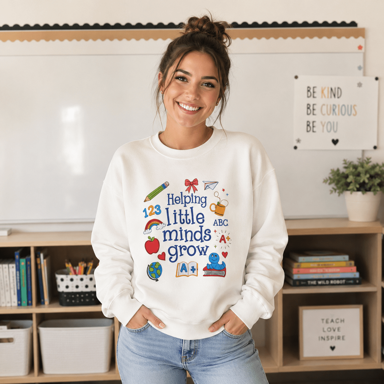 Helping Little Minds Grow Sweatshirt – Teacher Gift, Cute School Icons Crewneck, Back to School custom personalized gift - AURIA CUSTOM PRINTS
