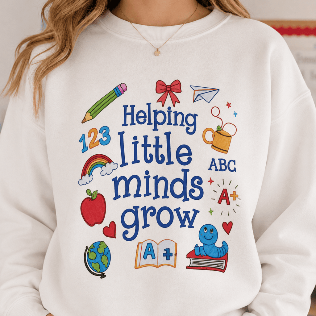 Helping Little Minds Grow Sweatshirt – Teacher Gift, Cute School Icons Crewneck, Back to School custom personalized gift - AURIA CUSTOM PRINTS
