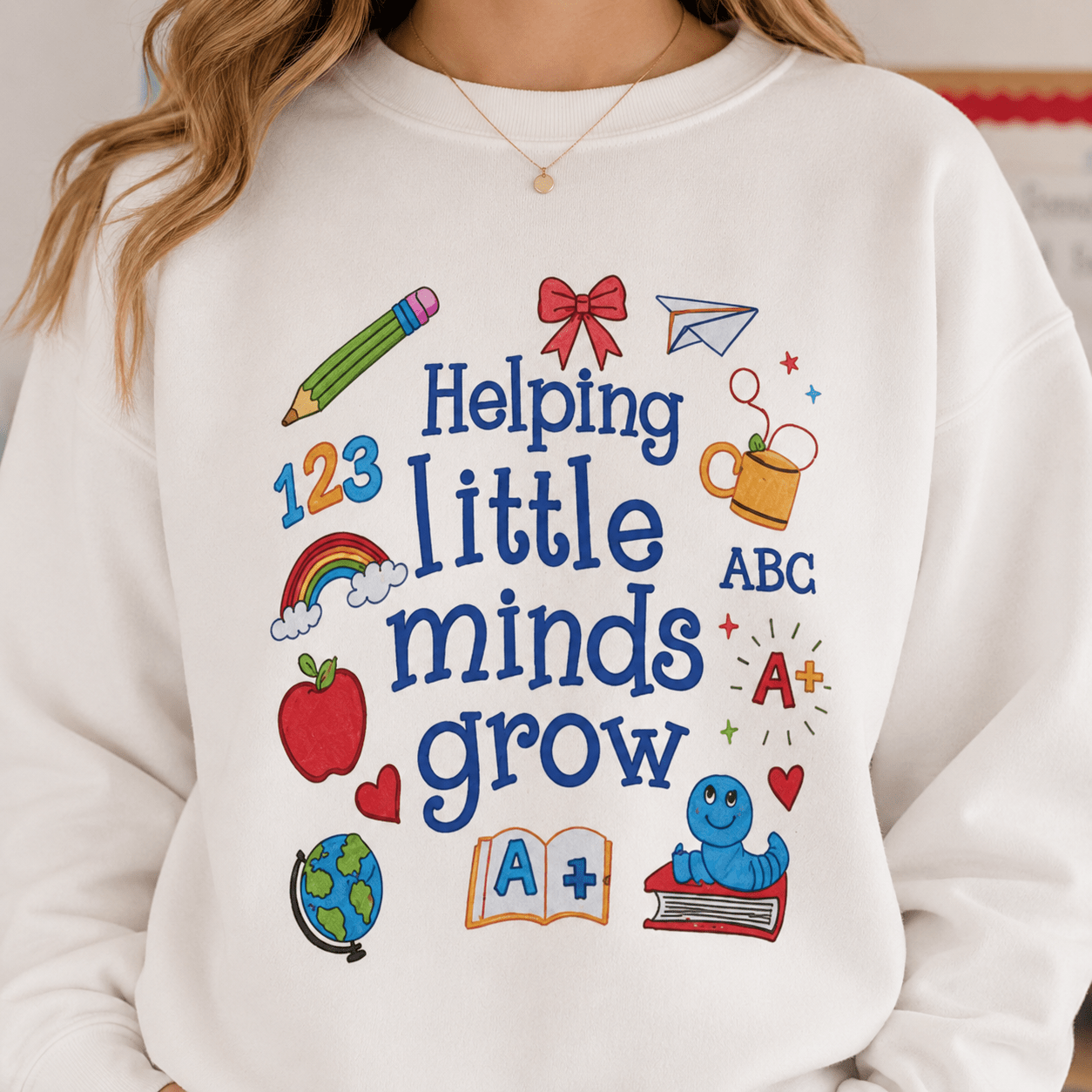 Helping Little Minds Grow Sweatshirt – Teacher Gift, Cute School Icons Crewneck, Back to School custom personalized gift - AURIA CUSTOM PRINTS