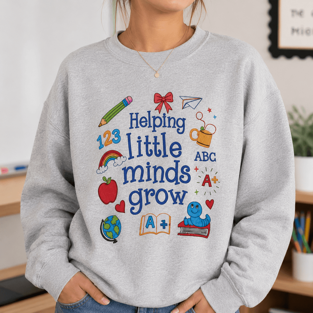 Helping Little Minds Grow Sweatshirt – Teacher Gift, Cute School Icons Crewneck, Back to School custom personalized gift - AURIA CUSTOM PRINTS