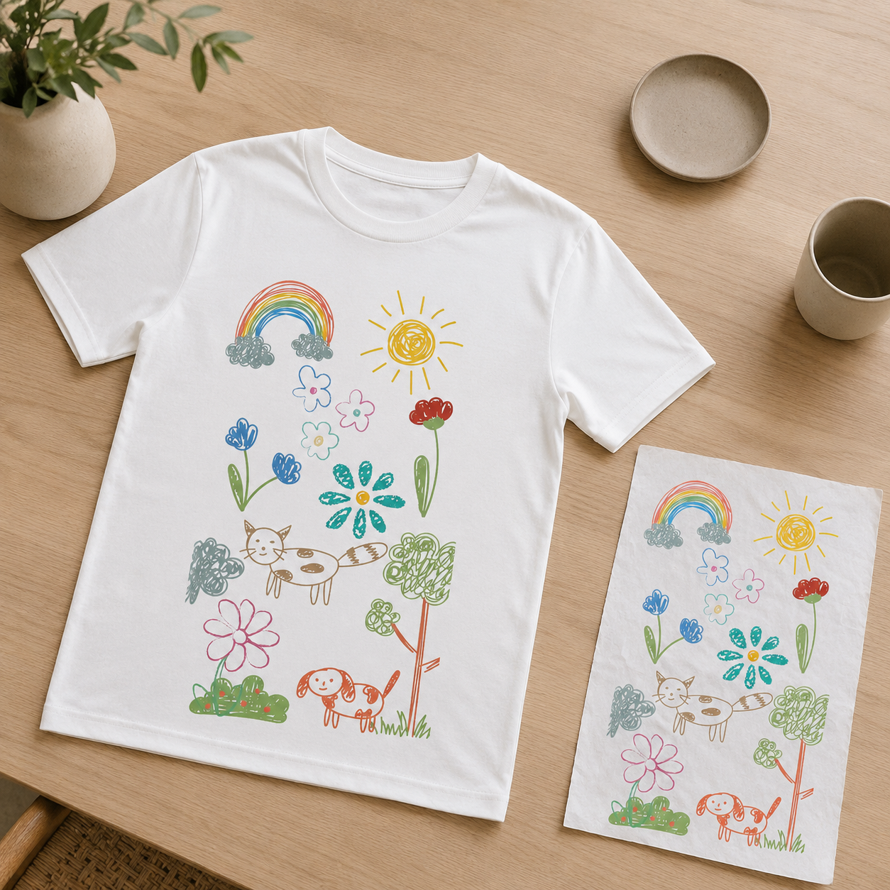 White t-shirt with nature-themed design on a wooden surface next to a kid's drawing