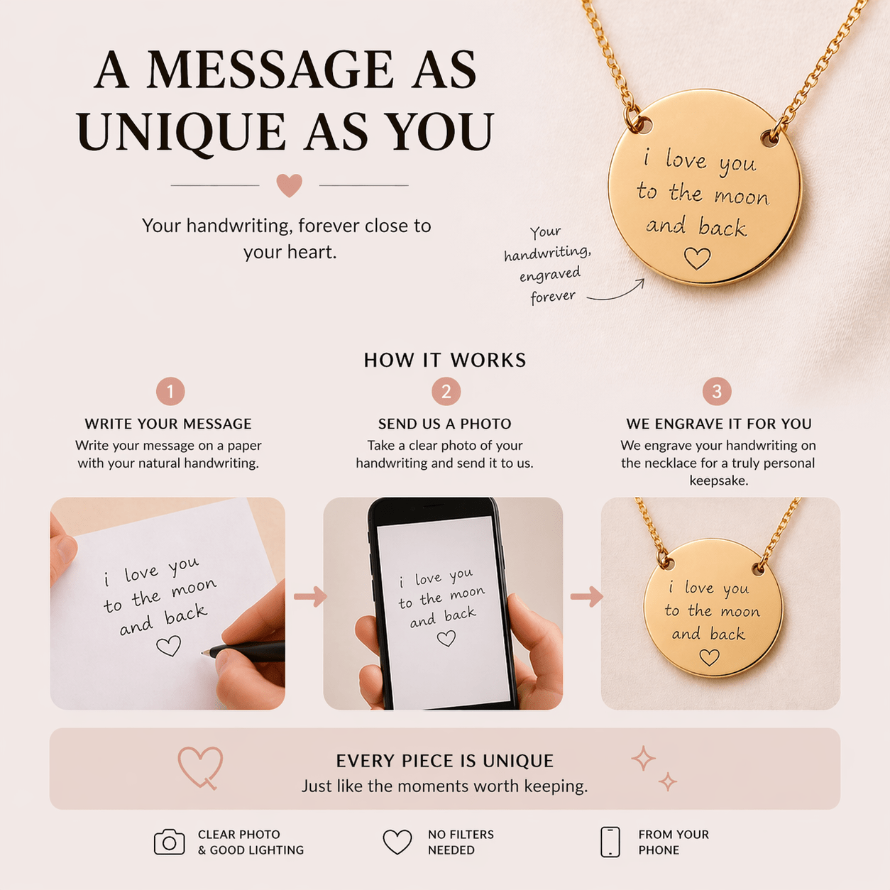 Love Message Necklace, Handwriting Necklace for Girlfriend, Custom Engraved Jewelry, Anniversary Gift custom personalized gift - AURIA CUSTOM PRINTS