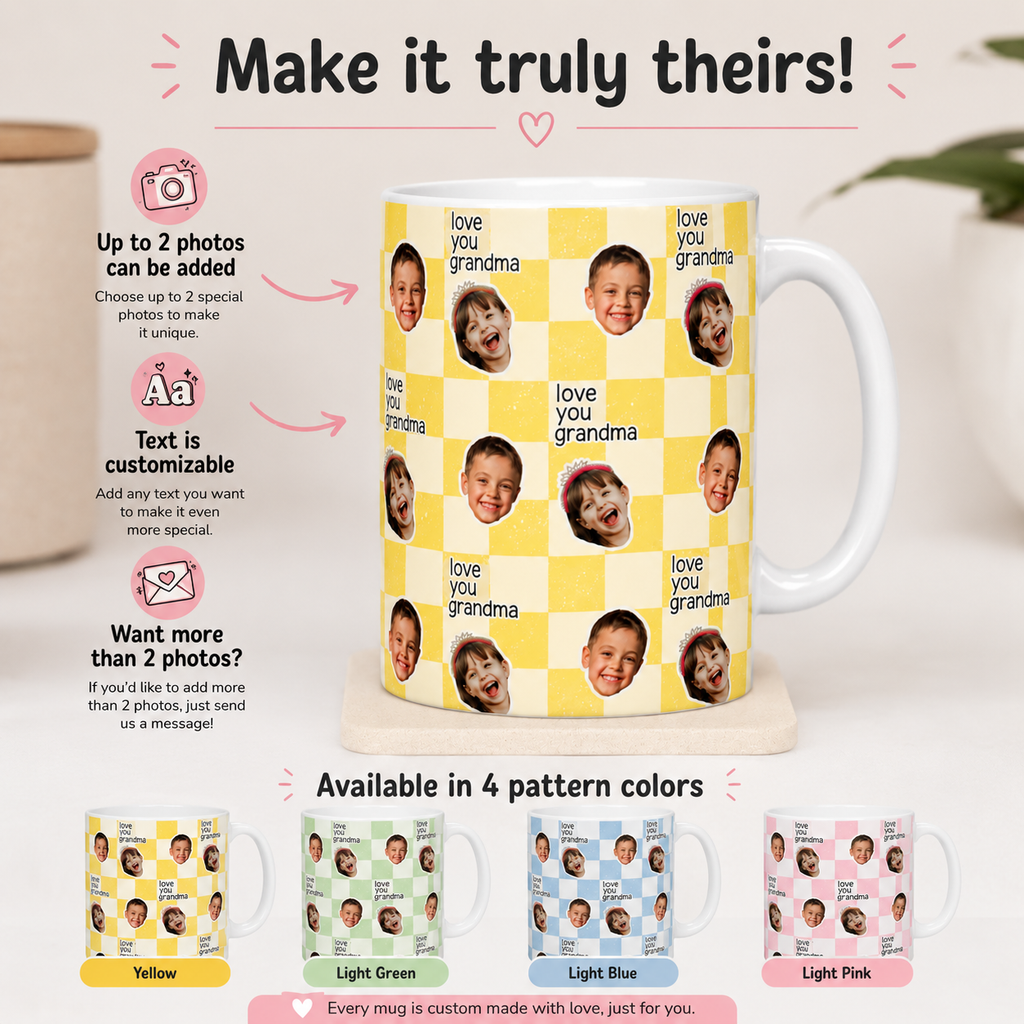 Personalized mug with photo collage and text 'love you grandma' on a yellow background