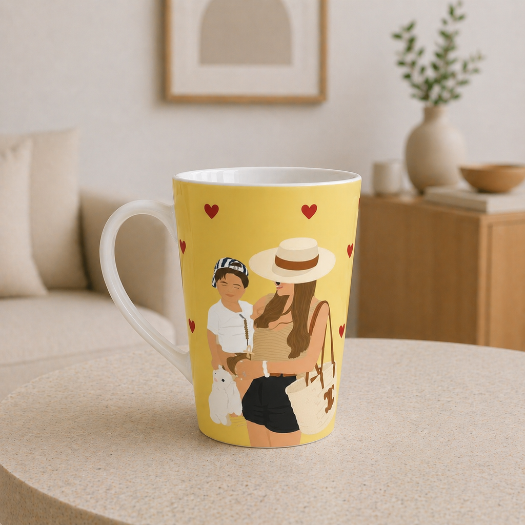 Yellow mug with a design of a woman, child, and dog on a beige surface.