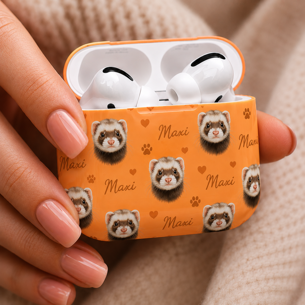 Orange AirPods case with ferret illustrations and 'Maxi' text held by a hand.